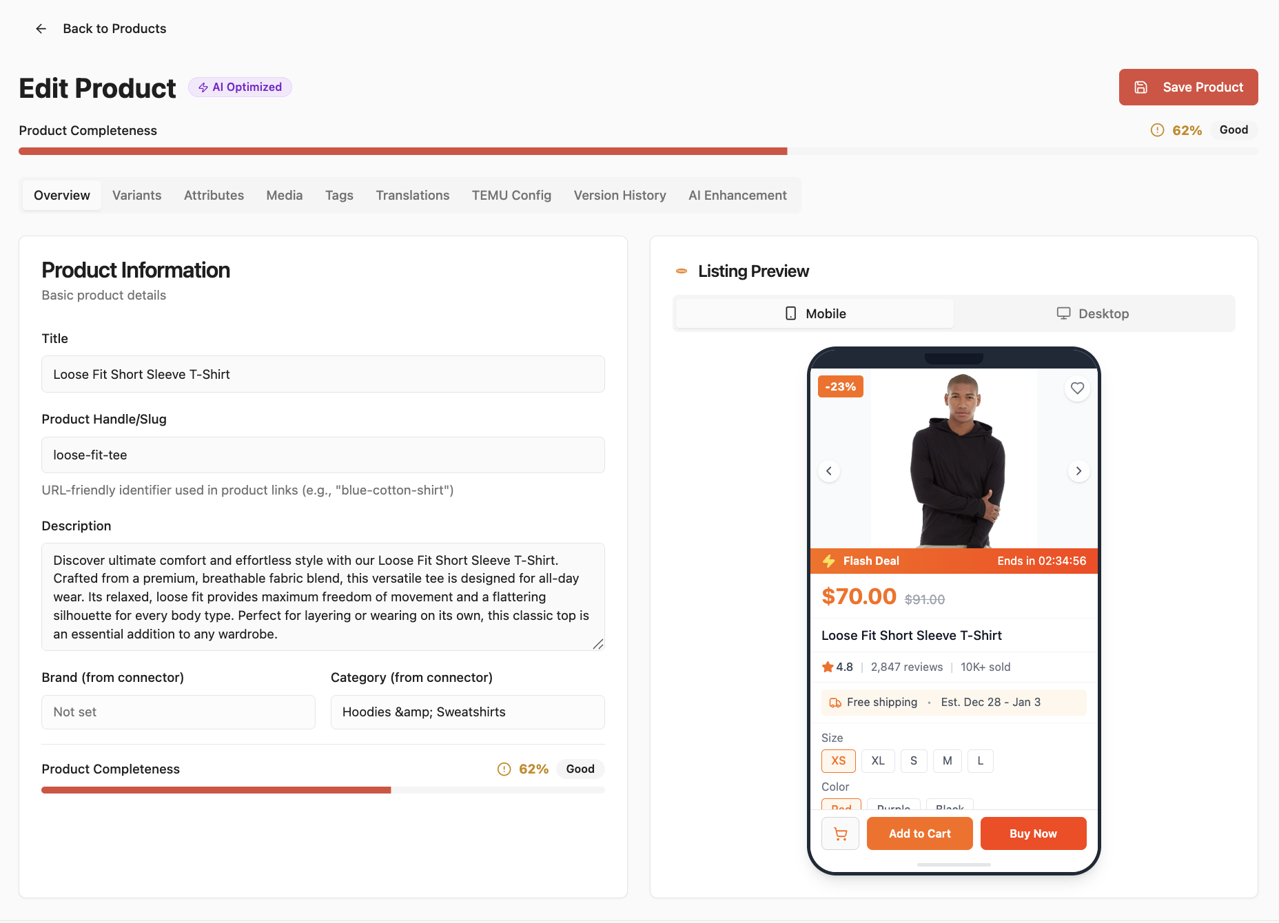 Product Editor with listing preview