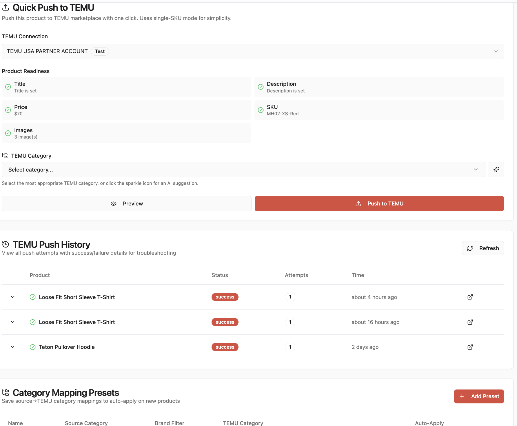 Quick Push to TEMU with product readiness and push history